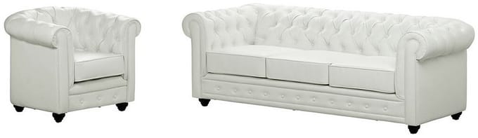 Vente-unique Driezitsbank en fauteuil CHESTERFIELD in kunstleer - Wit