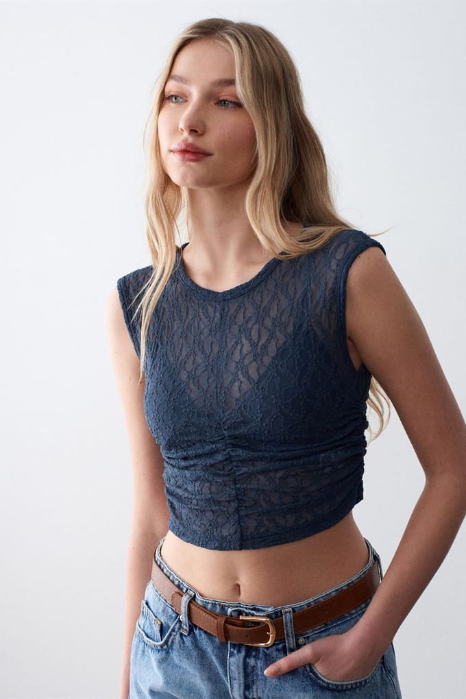 Mouwloze Kanten Geribde Blouse