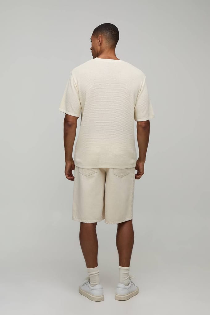 Regular Fit Waffle Knitted T-Shirt | Ecru | Size Medium