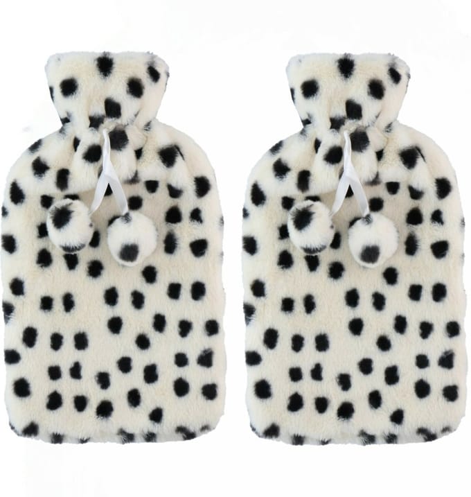 Warmwaterkruik - 2x - 2L - wit/zwart - met hoes - kruik - stippen - winter