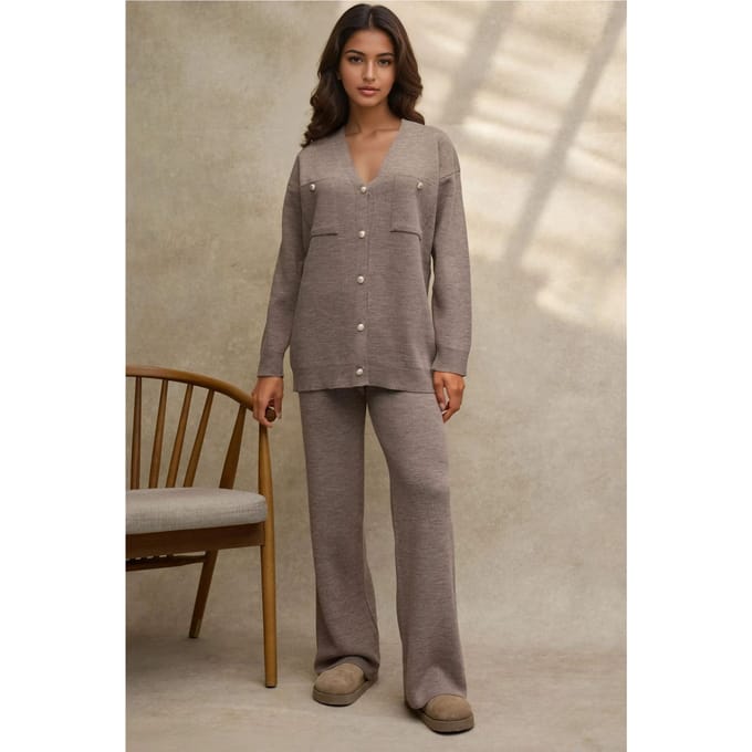 V-hals Cardigan & Hoge Taille Wijde Pantalon Gebreid Set
