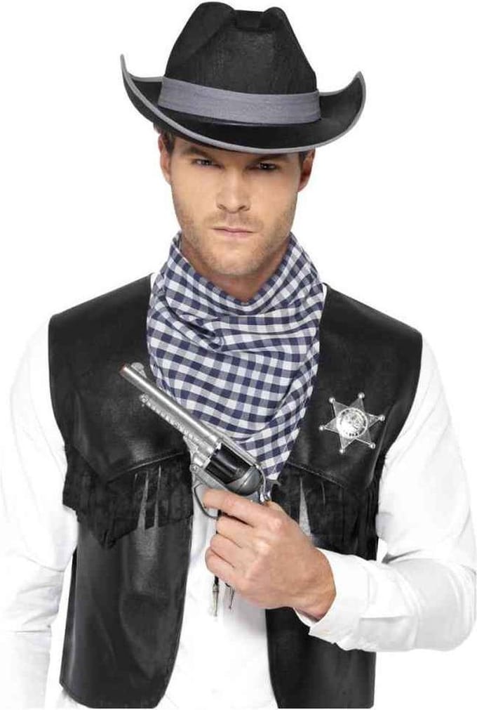 Western Kit Black Mock Leather Waistcoat Hat Badge & Neckscarf