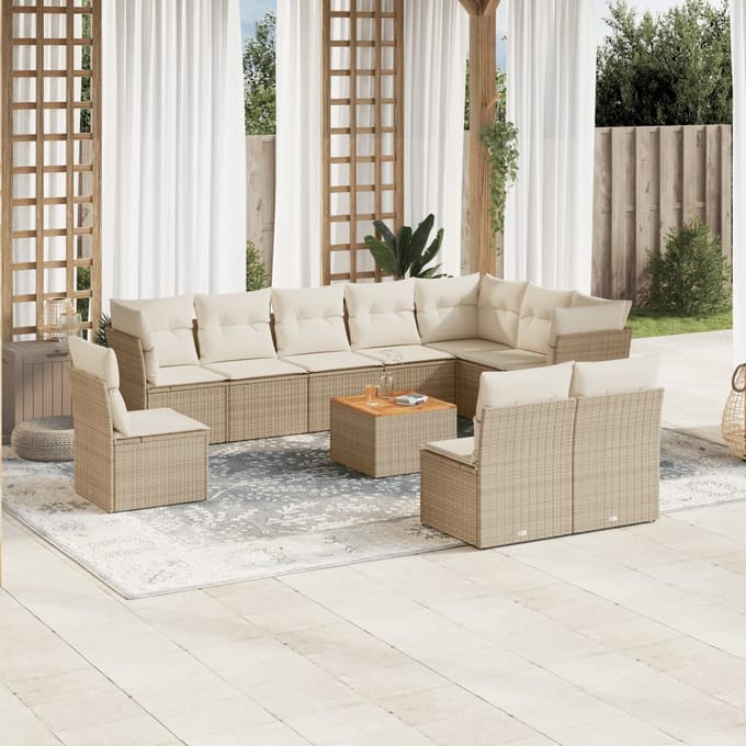vidaXL - 11-delige - Tuinset - met - kussens - poly - rattan - beige