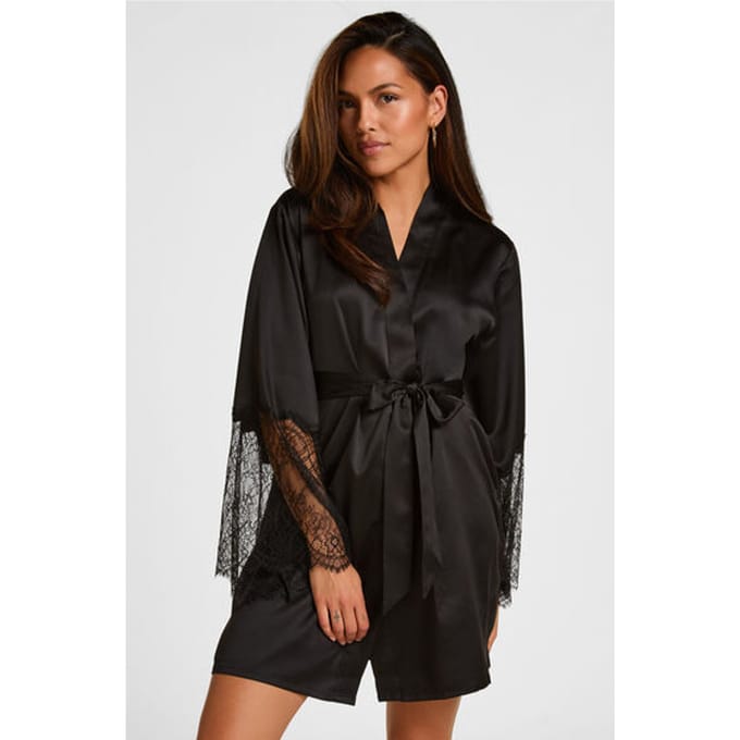 Hunkemöller Dames Nachtmode Kimono Satin - Zwart - maat M/L