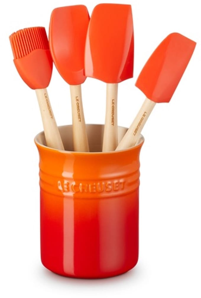 Le Creuset aardewerken spatelpot met 4 spatels - oranjerood