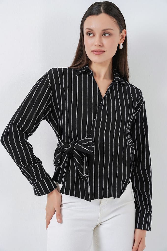 Gestreept Langemouw Blouse met Strikdetails