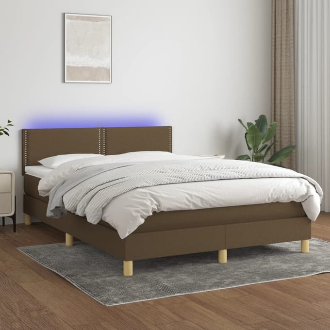 vidaXL - Boxspring - met - matras - en - LED - stof - donkerbruin - 140x200 - cm
