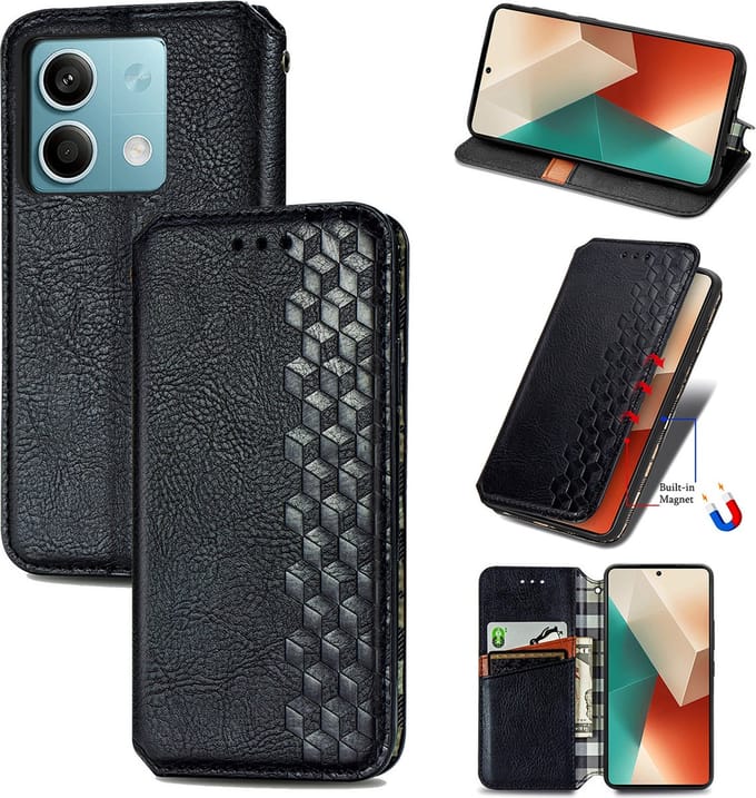 Luxe PU Lederen Ruitpatroon Wallet Case + Screenprotector voor Redmi Note 13 5G _ Zwart