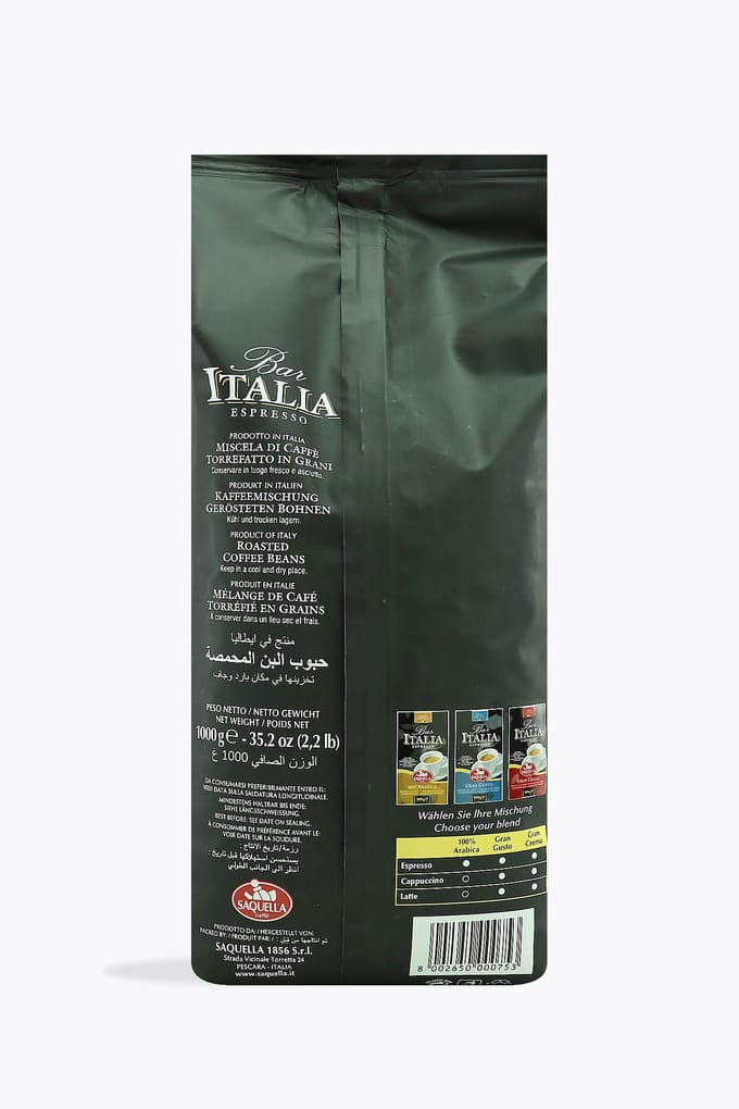 Saquella Bar Italia Espresso Gran Crema 1 kg | Hele bonen | 65% Arabica, 35% Robusta | Sterke aromatische melange met chocoladetoets voor volautomaat