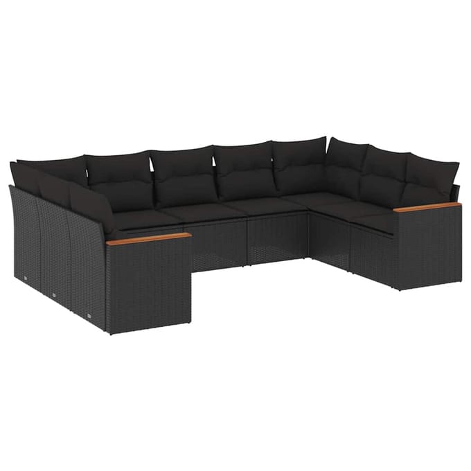 vidaXL - 9-delige - Loungeset - met - kussens - poly - rattan - zwart
