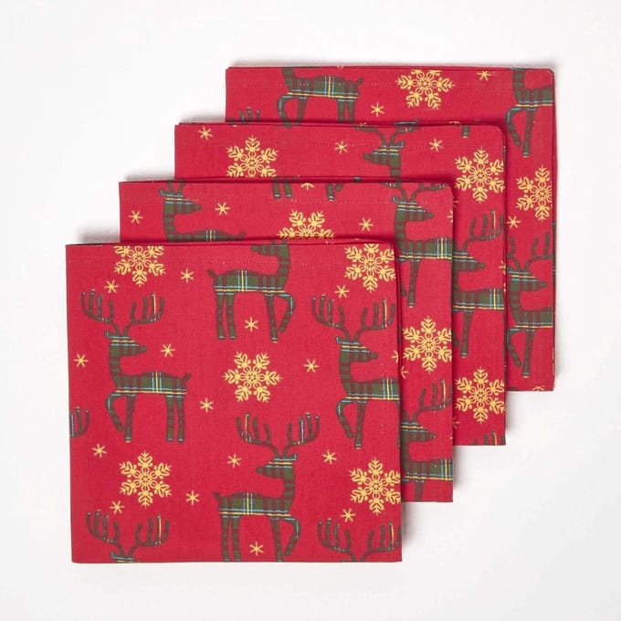 Homescapes Kerstservetten rendier, set van 4, rood