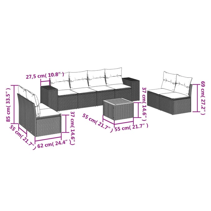 vidaXL - 9-delige - Loungeset - met - kussens - poly - rattan - grijs