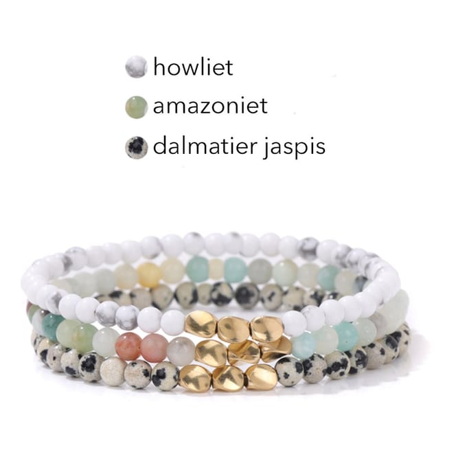 Marama - armbanden set Tibet wit - elastisch - edelsteen - jaspis - amazoniet - howliet -set van 3 - damesarmband