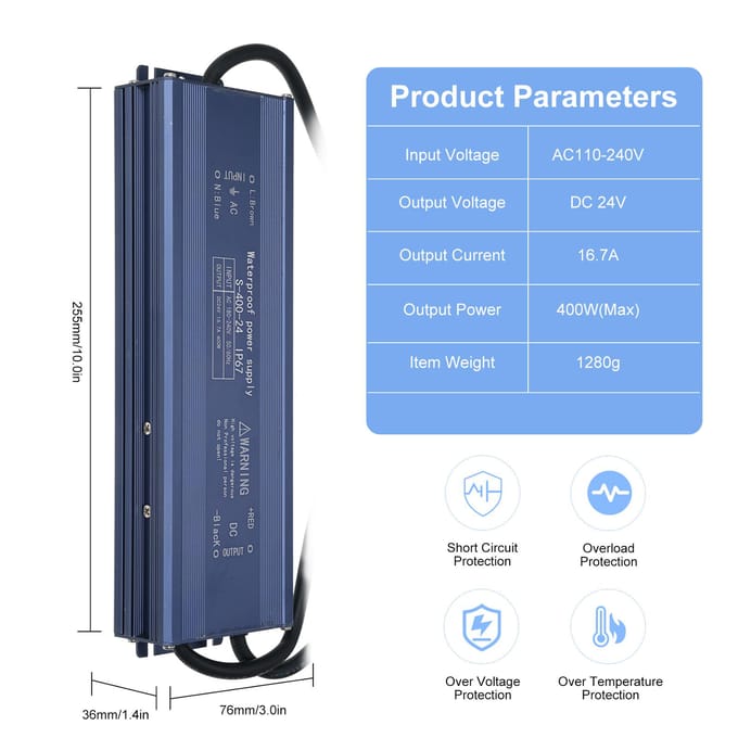 IP67 Waterdichte LED Driver Schakelende Voeding Transformator Adapter AC 180V-240V naar DC 24V 400W 60W