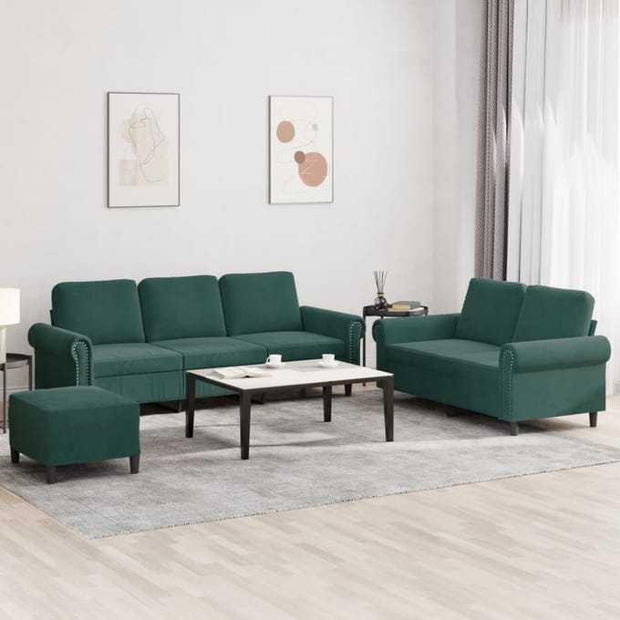 vidaXL - 3-delige - Loungeset - met - kussens - fluweel - donkergroen