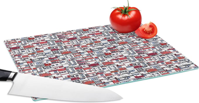Glazen Snijplank - 28x20 - Stad - Patroon - Huizen - Snijplanken Glas
