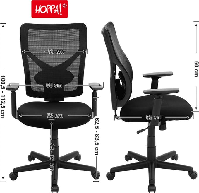 Hoppa! - Bureaustoel - Ergonomisch kantelmechanisme - Verstelbare armleuningen - Zwart
