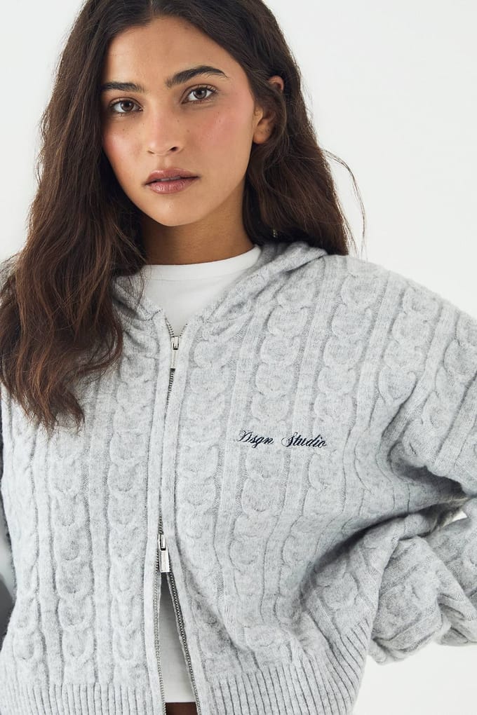 Dames DSGN Studio Kabelgebreide Hoodie met Rits | Ash Grey | Maat: 2XL