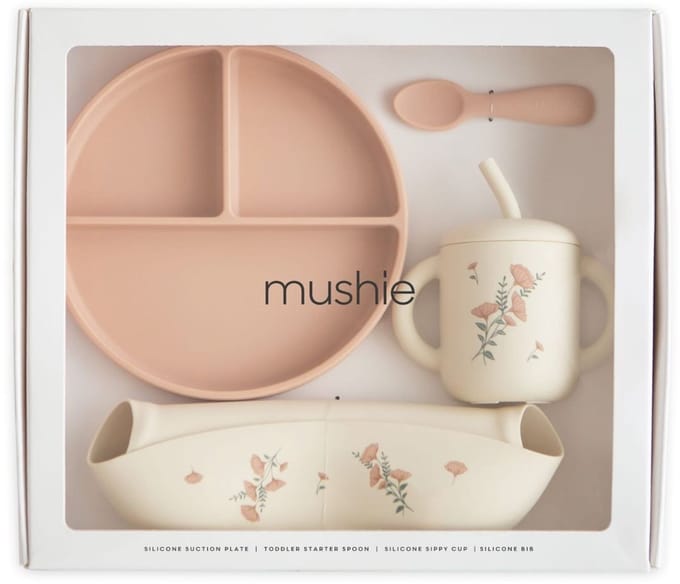 Mushie Giftbox Kinderservies Set Feeding Toddler Set Pink Flowers