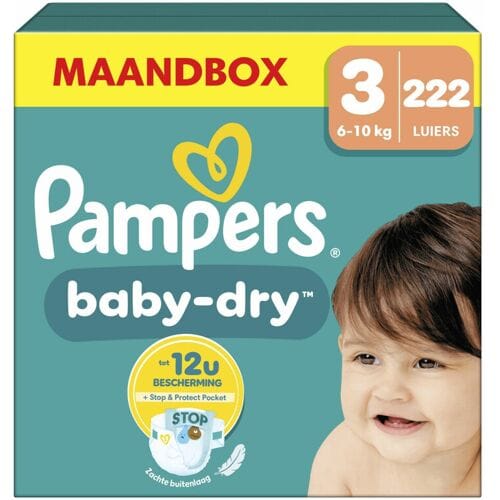 Pampers Baby-Dry Maat 3 – Pak met 222 Wegwerpluiers voor een betrouwbare nachtrust en tot 12 uur droog comfort.