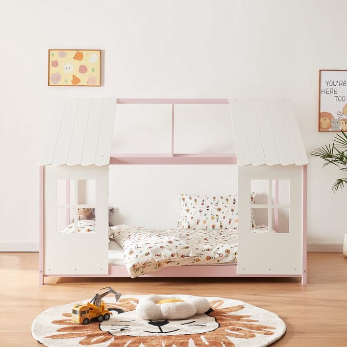 Kinderbed Tostedt huisbed grenen roze en wit 120x200 cm [en.casa]