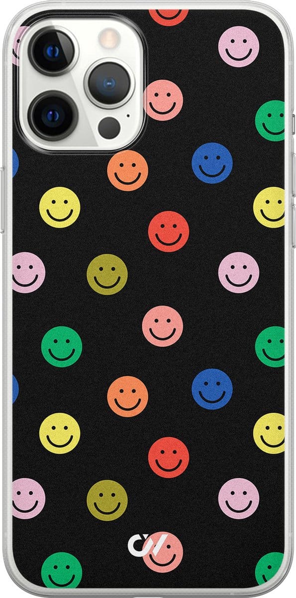 Hoesje geschikt voor Apple iPhone 12 Pro Max - Retro Smileys - - Zwart - Apple - Casevibes