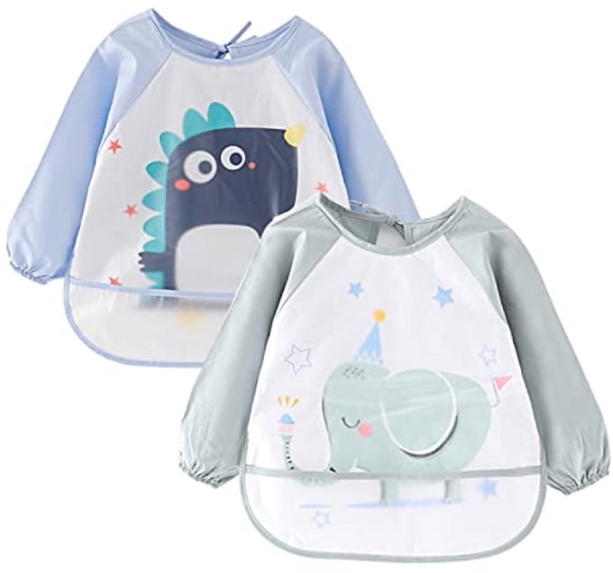Set van 2 waterdichte babyslabben met lange mouwen - Blauw en Groen