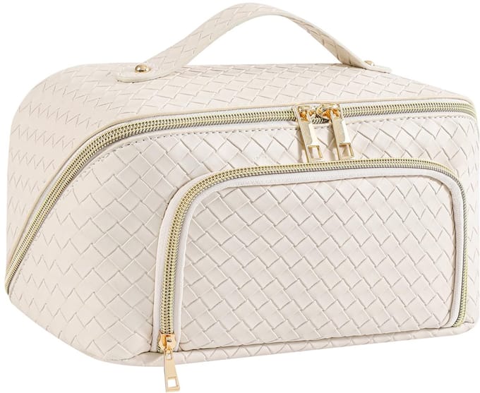 Make-up tas - Groot waterdicht PU-leer met brede opening - Voor dames op reis - Vintage Beige