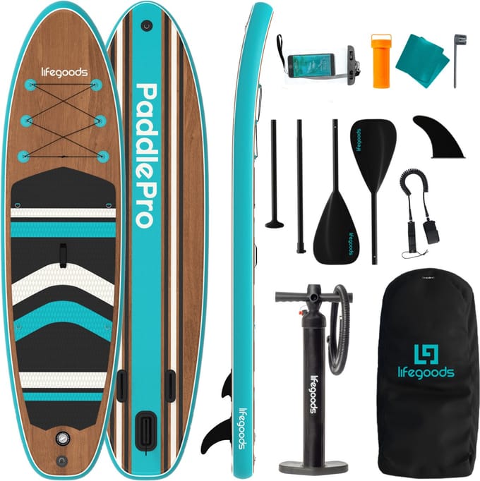 LifeGoods PaddlePro SUP Board - Opblaasbaar Paddle Board - Complete Set - Max. 150KG - 320x81cm - Hout/Blauw