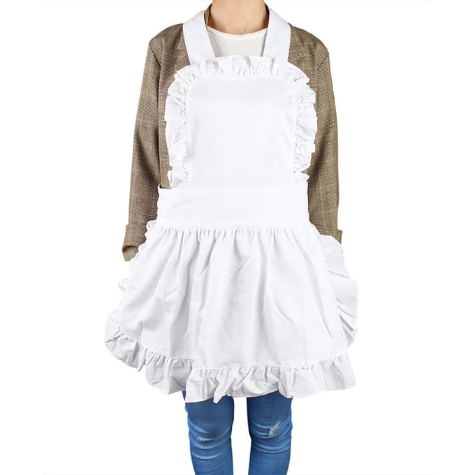 Witte Katoenen Dames Meid Schort Ruche Zoom Keuken Effen Kleur Schort white