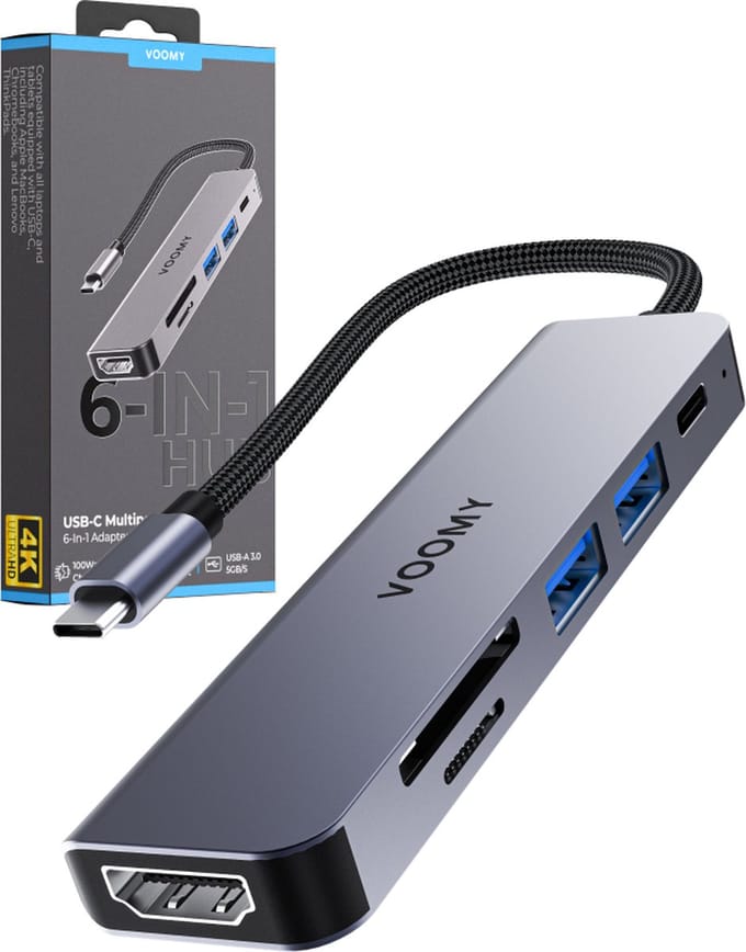 Voomy USB C Hub - 6 in 1 - 4K HDMI - USB C 100W - SD / Micro SD / TF Kaart lezer - USB A 3.0 - Docking Station - USB Splitter - USB-C naar HDMI - Thunderbolt - USB C USB A - Geschikt voor Macbook Pro / Air / Windows / Universeel