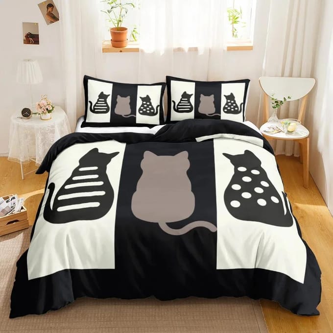 3-delige eenzijdig bedrukte beddengoedset, Dekbed Cartoon Schattige Kat Dekbedovertrek Kussens Comfortabele Spreien Beddengoedset cot size 70x133cm