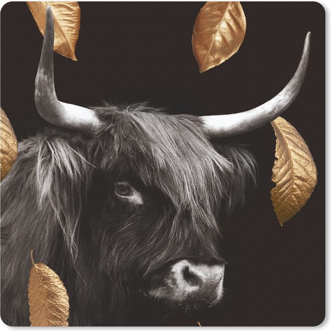 Muismat 20x20 cm - Mousepad Schotse hooglander - Goud - Zwart - Wit - Muismatten