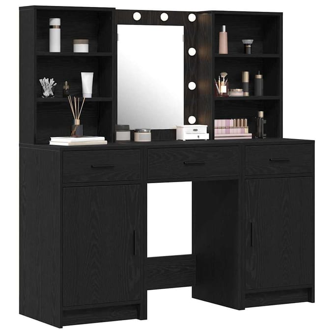 vidaXL - Dressing - tafel - set - met - LED - 3 - st - Zwart - Eiken - 50 - x - 41 - x - 135 - cm