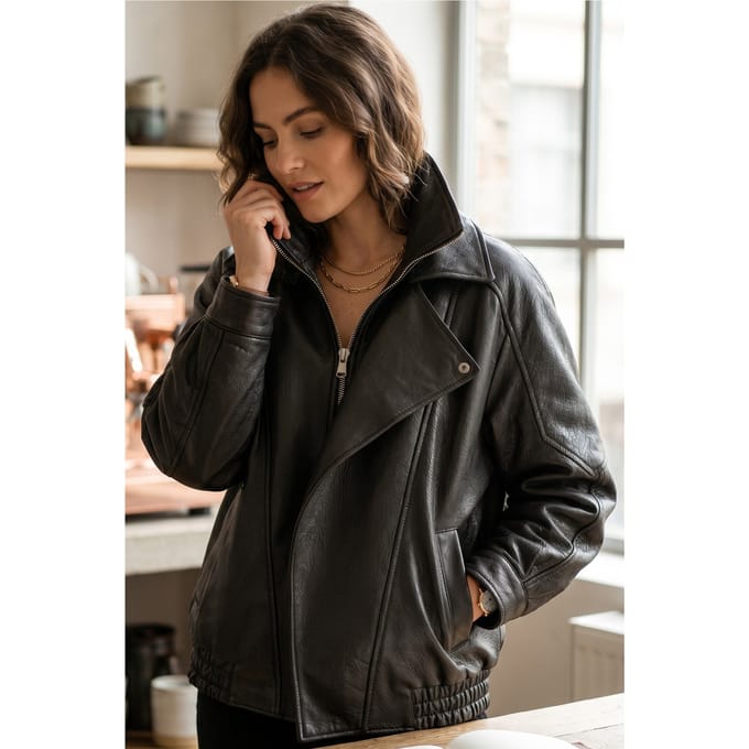 Dames zwarte lamsleer Big Bomber Biker Blouson Oversized Jas - Bloom