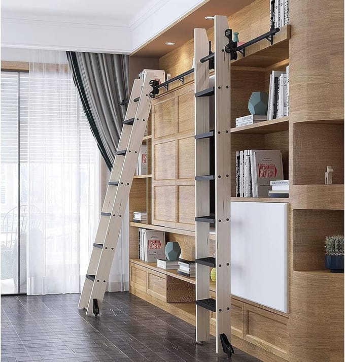 Bibliotheek Ladder Hardware - Roller Systeem - Ruimte Bereiken - Duurzaam Koolstofstaal - Verstelbare Lengte - Zwart