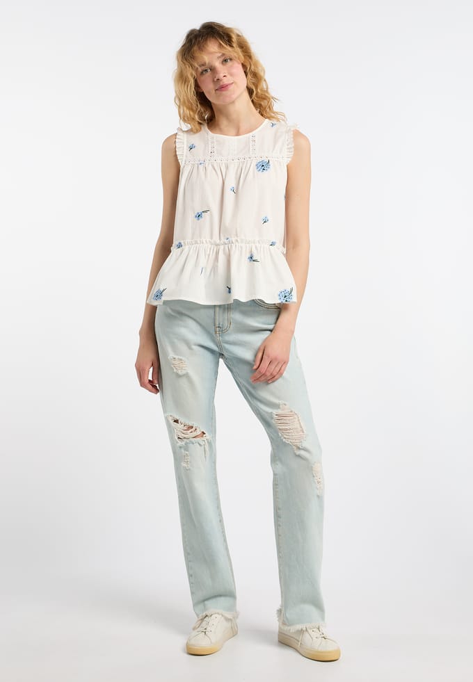 Dreimaster Top Dames Wol Wit Blauw