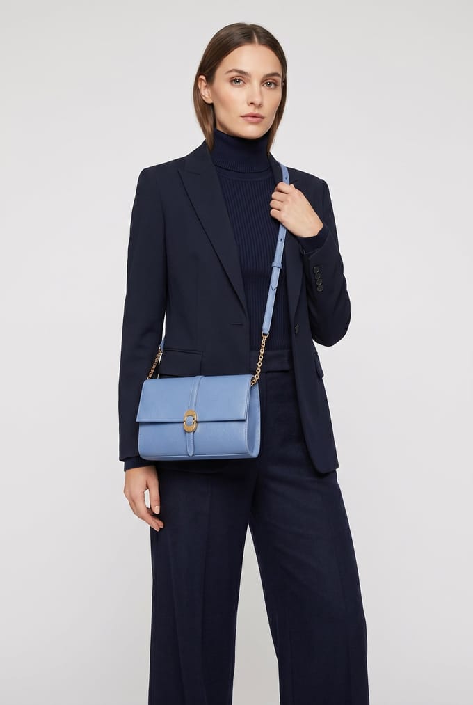 COCCINELLE Leren Schoudertas Dorian Mini Bag Grained Leather Azul Blauw