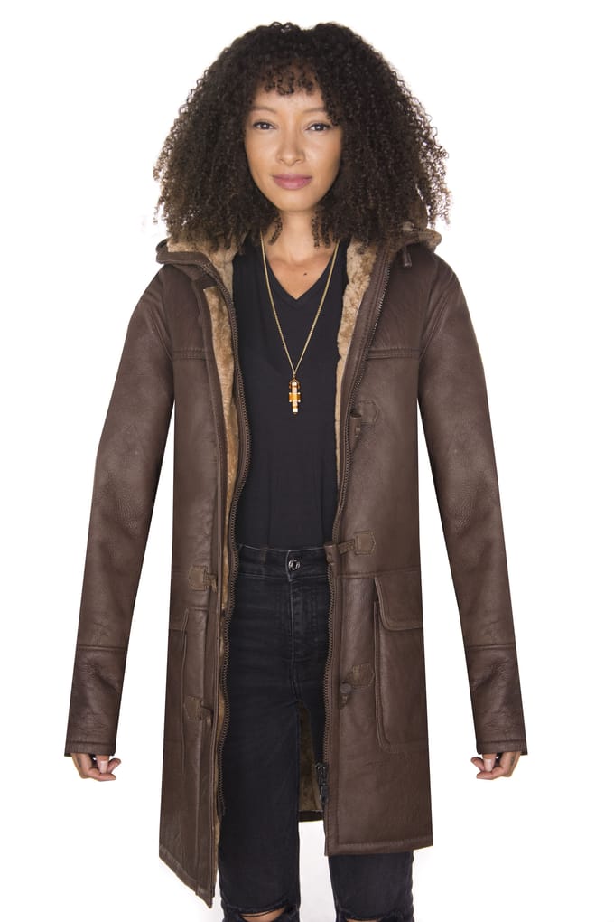 Dames bruine schapenvacht leren duffelcoat met capuchon-Charlotte