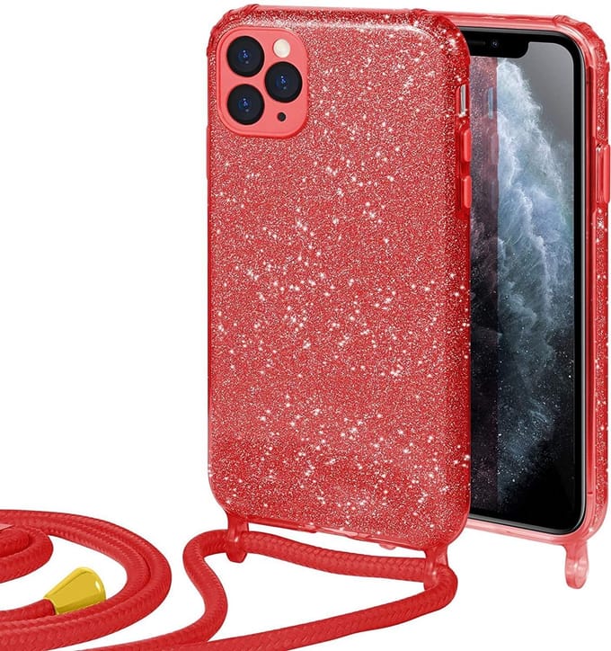 HB Hoesje Geschikt voor Apple iPhone 12 Pro Max - Rood - Glitter Back Cover met Koord