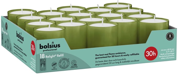 Bolsius Horeca Relight Navullingen 64/52 Olijfgroen (18 stuks)
