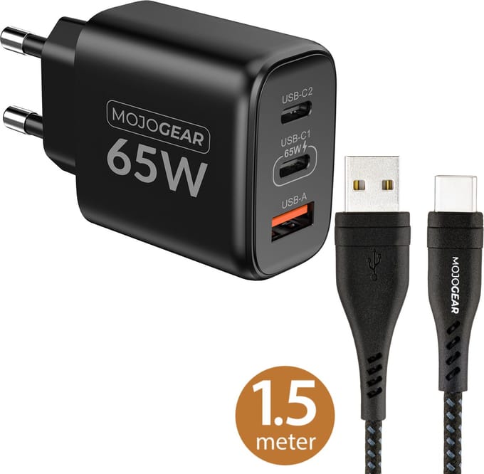 MOJOGEAR CHARGE+ 65W snellader met USB naar USB-C kabel 1,5 meter