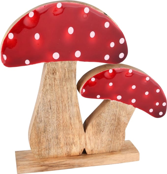 Dekoratief | Deco paddenstoelen m/witte stippen, naturel/rood, hout, 27x6x27cm | A238134