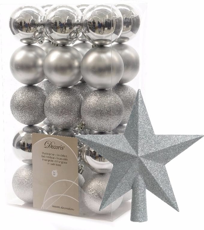 Kerstballen - 30x stuks - incl. ster piek - zilver - kunststof