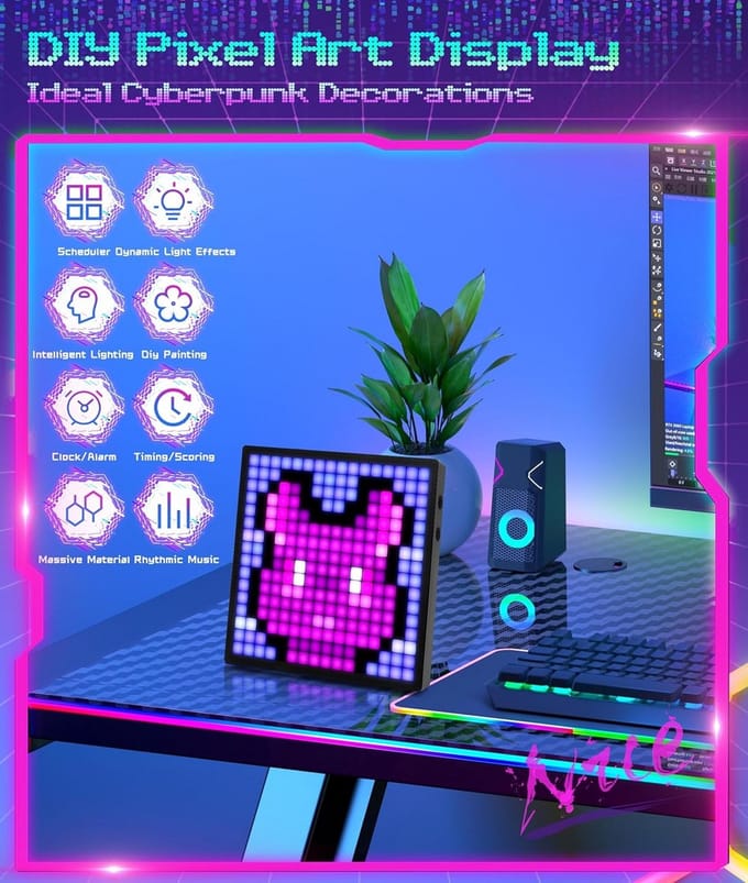LED Pixel Art Display Frame with Clock Phone Control Bluetooth Programmable LED Sign Panel for Desktop Wall Art (16 x 16 PX)