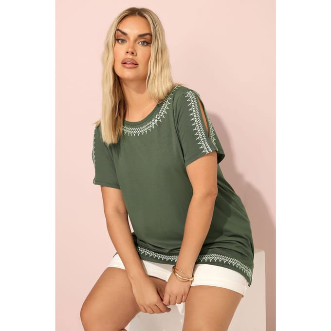 Yours Khaki Groen Geborduurd Tshirt Size 44
