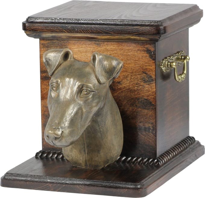 Elegante urn voor Fox Terrier met hondenbuste voor asbewaring