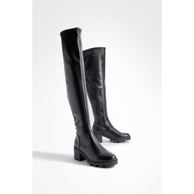 boohoo Dames Over-the-Knee Blockhakken laarzen | Black | Maat: 3