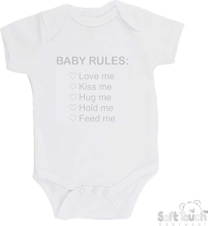 100% Katoenen Romper "Baby rules" Unisex Katoen Wit/zilver Shiny Maat 56/62