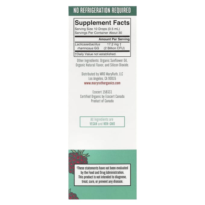 MaryRuth's, Biologische Precision Probiotic voor Kinderen, Vloeibare Druppels, Leeftijden 4-13, Frambozensmaak, 2 Miljard KVE, 0,5 fl oz (15 ml)
